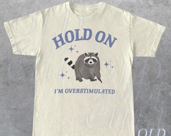 Hold On I'm Overstimulated T-Shirt, Retro Unisex  Adult T Shirt, Funny Raccoon Shirt, Meme T Shirt, Relaxed Cotton Shirt,Funny Friends Gifts