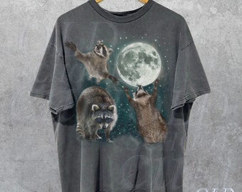 Three Raccoons Vintage Moon Graphic T-shirts, Retro Raccoon Tshirt, Raccoon Lovers, Funny Raccon Meme Tee, Oversized Washed Tee