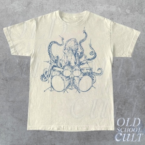 Octopus Playing Drums Retro T-Shirt, Octopus Vintage Tattoo Style Shirt,  Unisex Funny T Shirt, 90s Graphic Tee, Octopus Drummer  Music Gift