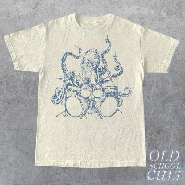 Octopus Playing Drums Retro T-Shirt, Octopus Vintage Tattoo Style Shirt,  Unisex Funny T Shirt, 90s Graphic Tee, Octopus Drummer  Music Gift