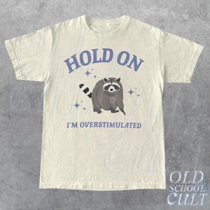 Hold On I'm Overstimulated T-Shirt, Retro Unisex  Adult T Shirt, Funny Raccoon Shirt, Meme T Shirt, Relaxed Cotton Shirt,Funny Friends Gifts