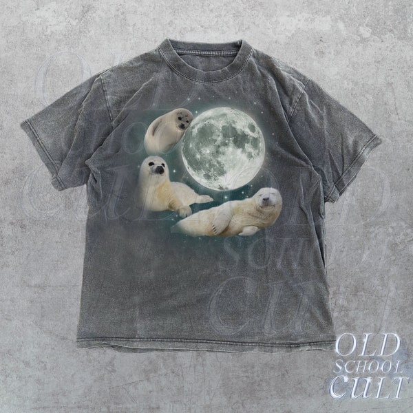 Three Baby Seal Vintage Graphic T-shirts, Retro Sea Dog Moon Tshirt, Seal Lovers, Cute Sea Dog Tee, Relaxed Washed Unisex Adult Tee