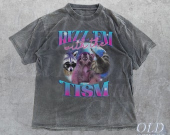 Rizz Em With The Tism Retro Shirt, Vintage Funny Raccoon Graphic Shirt, Autism Awareness, Raccoon Meme Tee, Relaxed Soft Cotton Shirt