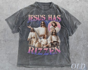 T-shirt vintage Jesus Has Rizzen, chemise graphique rétro des années 90, chemises rigolotes, chemise en coton effet vieilli, t-shirts bootlegs surdimensionnés, cadeau pour lui