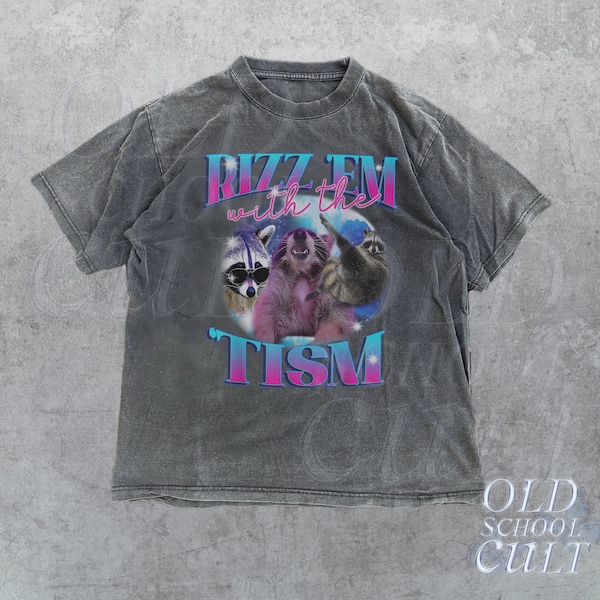 Chemise rétro Rizz Em With The Tism, chemise graphique vintage drôle de raton laveur, sensibilisation à l'autisme, t-shirt meme raton laveur, chemise décontractée en coton doux