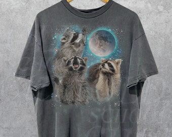 Three Raccoons Vintage Graphic T-shirts, Funny Raccoon Moon Tshirt, Raccoon Lovers, Retro Raccon Tee, Oversized Washed Tee, Joke Shirts