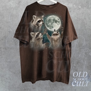 Three Raccoons Vintage Graphic T-shirts, Retro Raccoon Moon Tshirt, Raccoon Lovers, Funny Raccon Tee, Oversized Washed Tee, Raccoon Gifts Dark Chocolate