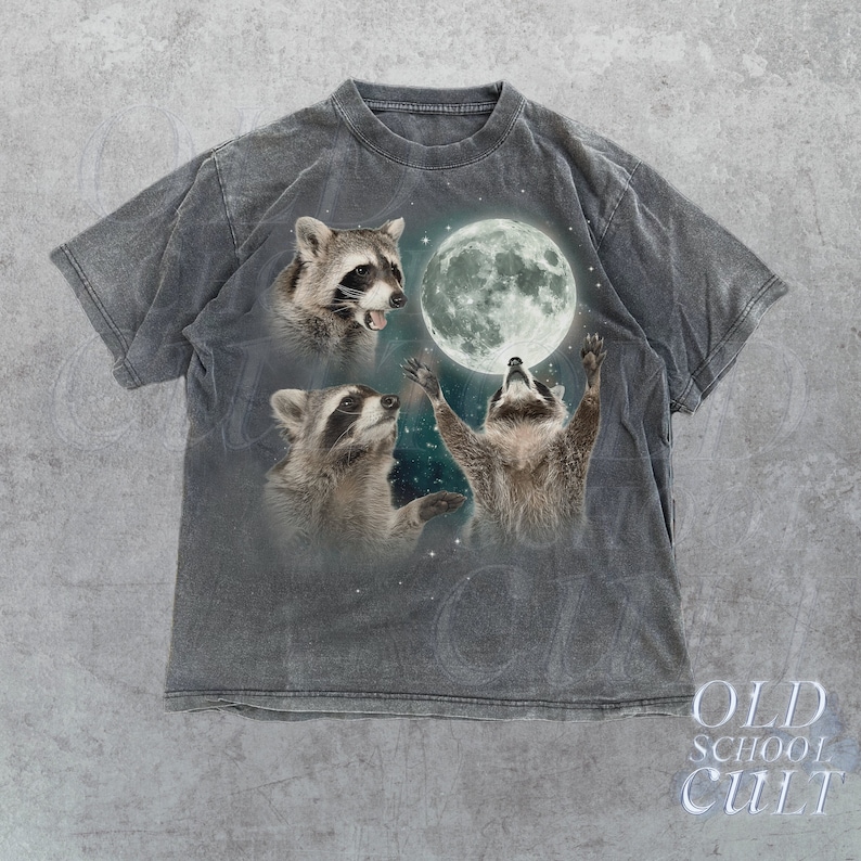 Three Raccoons Vintage Graphic T-shirts, Retro Raccoon Moon Tshirt, Raccoon Lovers, Funny Raccon Tee, Oversized Washed Tee, Raccoon Gifts Vintage distressed