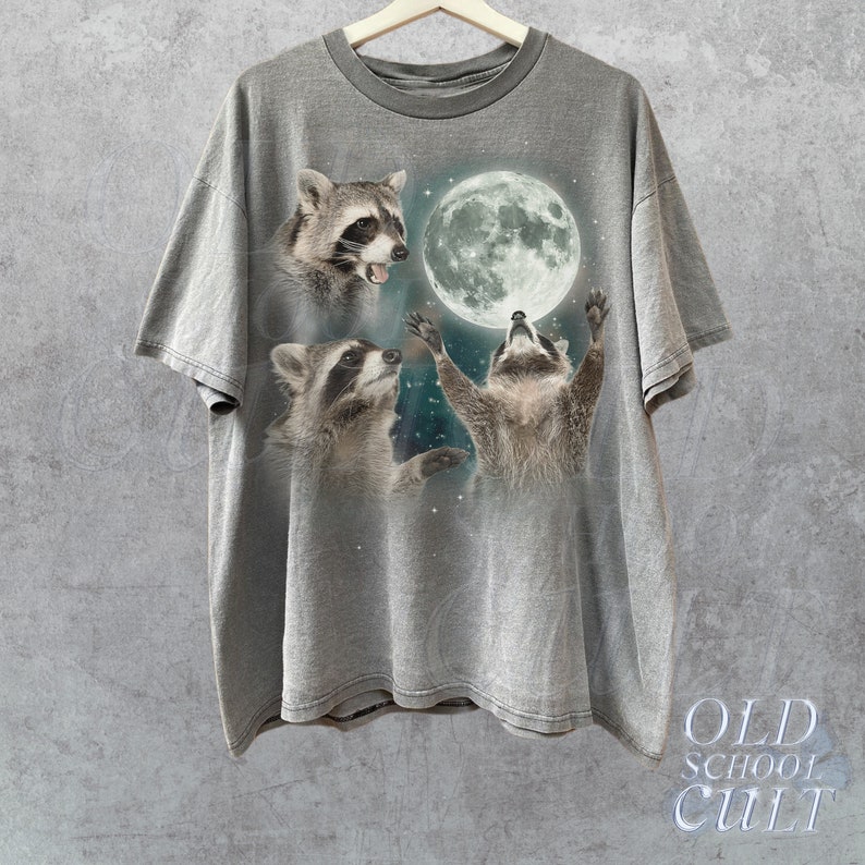 Three Raccoons Vintage Graphic T-shirts, Retro Raccoon Moon Tshirt, Raccoon Lovers, Funny Raccon Tee, Oversized Washed Tee, Raccoon Gifts Grey distressed