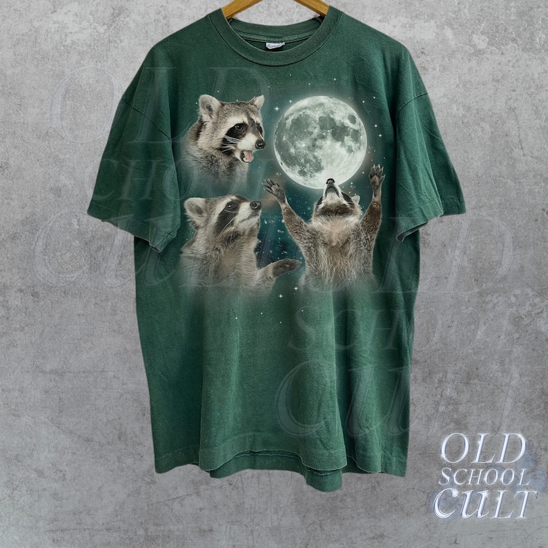 Three Raccoons Vintage Graphic T-shirts, Retro Raccoon Moon Tshirt, Raccoon Lovers, Funny Raccon Tee, Oversized Washed Tee, Raccoon Gifts Forest Green