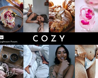 May include: A collection of Lightroom presets called "Cozy" by Baby Blue. The presets are designed to give photos a warm, inviting, and cozy feel. The images show examples of how the presets can be used to enhance photos of food, people, and landscapes.