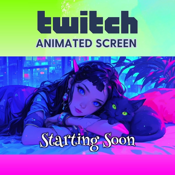 Vtuber background, Cute girl with a Black Cat Animated Twitch Screen - Upgrade your stream with great anime design - Anime Streaming Pack