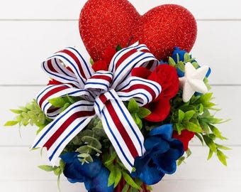 Fourth July Centerpiece Table Arrangement Patriotic Floral Red White Blue Americana Independence Day Memorial Veteran Tribute Gift Home