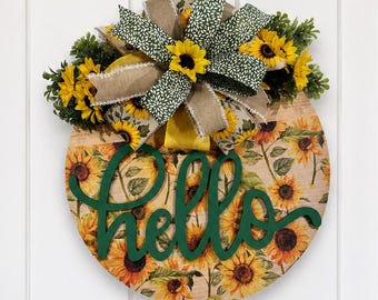 Sunflower Door Hanger Front Porch Welcome Sign Farmhouse Wreath Round Wooden Wall Hanging Summer Home Entryway Everyday Rustic Decor