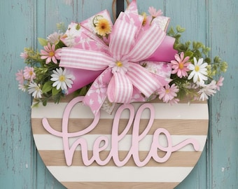 Farmhouse Hello Sign Spring Decoration Birthday Gift Entryway Spring Door Hanger Wall Floral Accent Summer Mom Daisy Wreath Housewarming