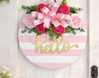 Farmhouse Decor Home Accents Gift for Mothers Pink Striped Decor Shabby Chic Sign Rustic Front Door Wreath Spring Welcome Sign New Home Gift