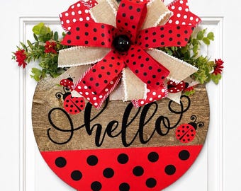 Ladybug Hello Door Hanger Wreath Summer Welcome Porch Sign Handmade Farmhouse Rustic Home Decor Housewarming Present Birthday gift Hostess