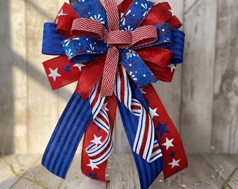 Patriotic Lantern Wreath Bow July Fourth Holiday Decoration Memorial Day Door Accent Red White Blue Ribbon 4th of July Decor Stars Stripes