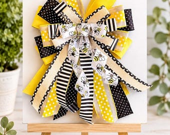 Handmade Bee Themed Ribbon Wreath Bow Bumblebee Lover Decor Yellow and Black Lantern Bow Summer Farmhouse Door Accent Gift Topper Bow Design