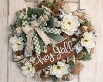 Magnolia Door Wreath Front Welcome Sign Hey Yall Southern Style Farmhouse Decoration Home Decor Rustic Entrance Wall Hanging Mesh Floral