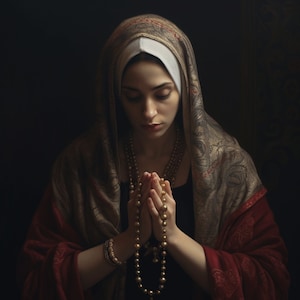 Op de afbeelding: Een vrouw draagt een bruine en gouden gepatroneerde shawl met een witte hoofdbedekking en bidt met haar handen in elkaar. Ze draagt een gouden ketting en een gouden armband. De achtergrond is donker.