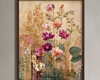 Purple, Pink, Beige & White Botanical Floral Art Print · Elegant Flower Bouquet Wall Decor · Boho-inspired Earthy Wall Art · Bedroom Decor