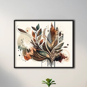 May include: A framed abstract art print featuring a brown, green and white floral design. The print is hanging on a white wall above a wooden coffee table with two chairs.