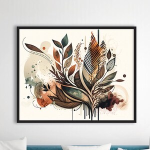 May include: Abstract art print featuring a stylised floral design with brown, green, and orange leaves and branches. The print is set against a white background with watercolour-like splatters.