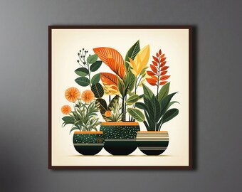 Boho Floral Art Print, Green Yellow Orange Red Botanical Poster, Plant Lover Gift, Vibrant Colors, Eclectic Artwork, Vibrant Color Plant Art