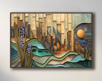 Abstract Nature-Inspired Landscape Wall Art Print, Surreal Woodgrain Artwork, Teal Orange Beige Purple Poster, Home Decor, Modern Art