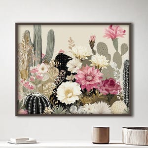 Vibrant Desert Cactus & Floral Art Print – Botanical Wall Decor for Nature Lovers - Black White Pink Wall Art, Bedroom Decor, Southwest Art