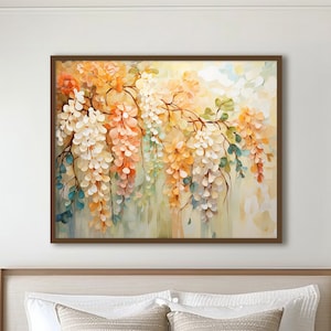 Watercolor Wisteria Print, Neutral Peach, Beige, Green Floral Art