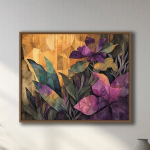 Abstract Purple Gold and Green Floral Art Print, Botanical Living Room Decor, Bedroom Art, Home Decor, Neutral Colors, Wall Poster, Over Bed