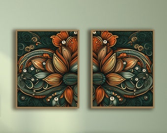 Elegant Emerald Green and Orange Botanical Print, Boho Poster, Room Decor, Bedroom Art, Abstract Floral Print, Home Decor, Neutral Colors