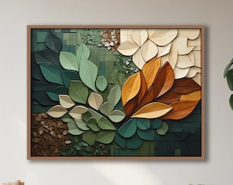 May include: A framed abstract art print with a colorful design of green, brown, and orange leaves. The print is hanging on a white wall above a light brown couch with pillows.
