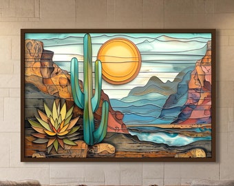 Abstract southwest landscape in teal, brown, yellow and green.  Canvas Wall Decor, Southwest inspired poster print, Home Decor, Ranch home