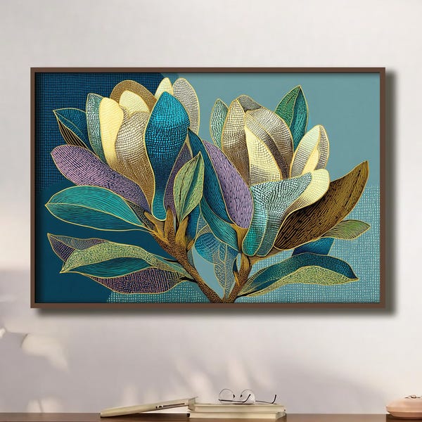 Abstract Botanical Art Print: Gold Detail, Rich Blues & Purples