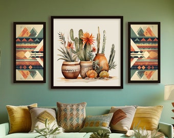3 Piece Set Southwest Style Art Prints - Southwest Pots, Botanicals,  Neutral Home Decor, Southwest Inspired Art Poster, Southwest Wall Art