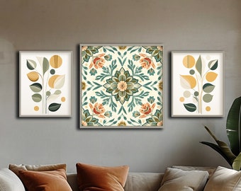 3 Piece Set Unframed Art - Soft Subdued Greens, Yellow, Beige Botanical Print, Home Decor, Neutral Color Art, Bedroom Art, Versatile Poster