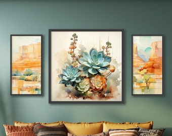 3 Piece Set Succulent Art Prints - Southwest Inspired, Botanicals, Neutral Home Decor, Art Poster, Southwest Wall Art, Cacti, Green & Orange