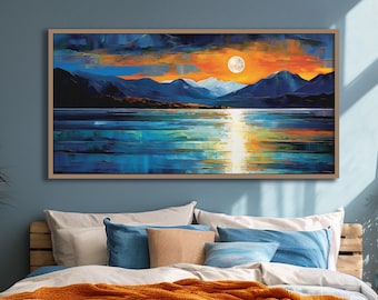 Panoramic Landscape Art, Blue, Teal Orange Wall Decor, Bold Seascape Art, Cool Unique Abstract Wall Art, Bachelor Pad Art, Over the sofa Art