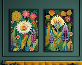 May include: Two framed illustrations of colorful floral arrangements with a yellow, green, and blue color scheme. The illustrations are framed in black and hung on a green wall.