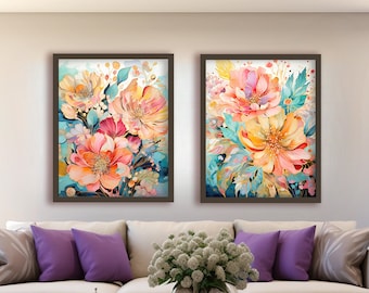 Set of 2 Prints-Vibrant Yellow Pink Teal Bedroom Decor-Home Decor-Over the Bed Art-Office Abstract Botanical Prints-Unique Poster-Wall Art