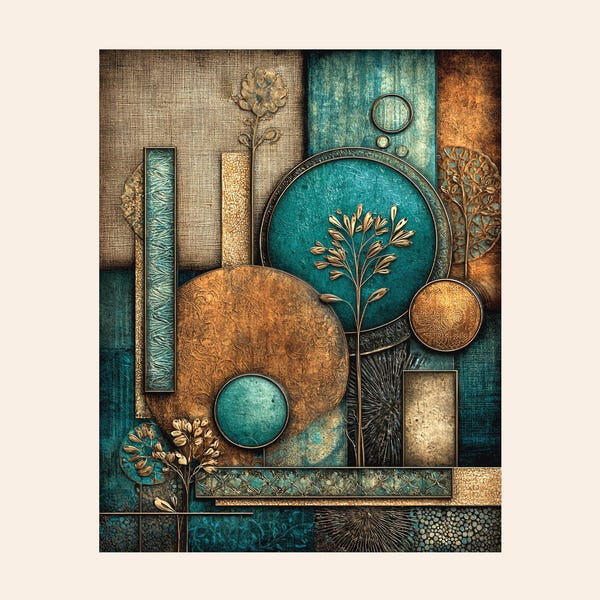 Modern Abstract Botanical Wall Art Print - Teal, Gold & Bronze Geometric Nature Artwork - Fine Art Print for Living Room or Office