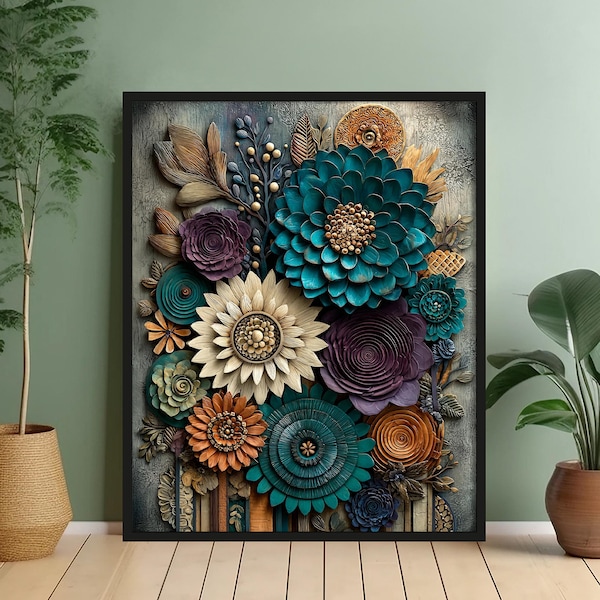 Boho Moody Floral Wall Art Print – 3D Effect (FLAT PRINT) Botanical Artwork in Teal, Purple, and Orange Botanical Print, Earthy Home Decor