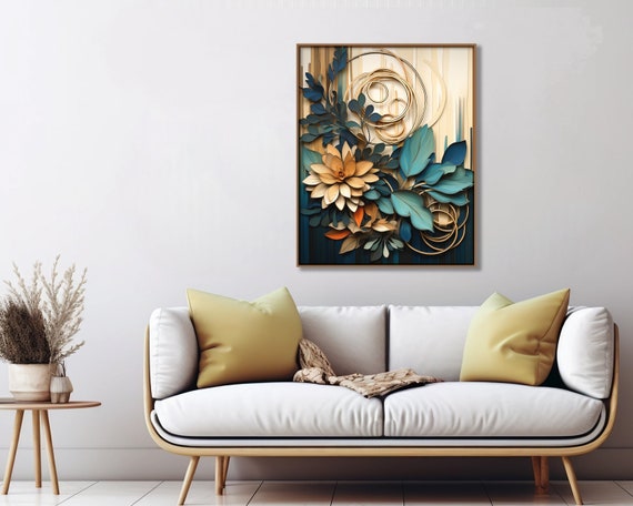 Blue and beige Wall Art, Earth Tones Room Decor, Bohemian Style Poster, Bedroom Art, Neutral Colors, Botanical Poster Print, Canvas Print