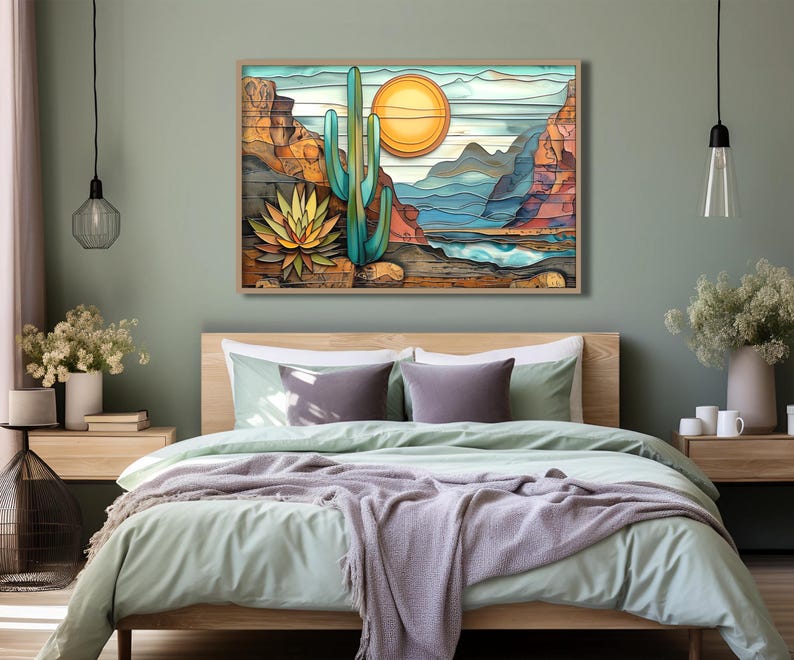 Abstract Southwest Landscape in Teal, Brown, Yellow and Green. Canvas