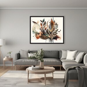 May include: A framed abstract art print with a watercolour style design featuring brown, green, and orange leaves on a white background.