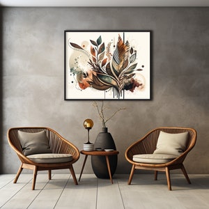 May include: A framed abstract art print featuring brown, green and orange watercolour-like designs. The print is hanging on a grey wall above a wooden coffee table with two chairs.