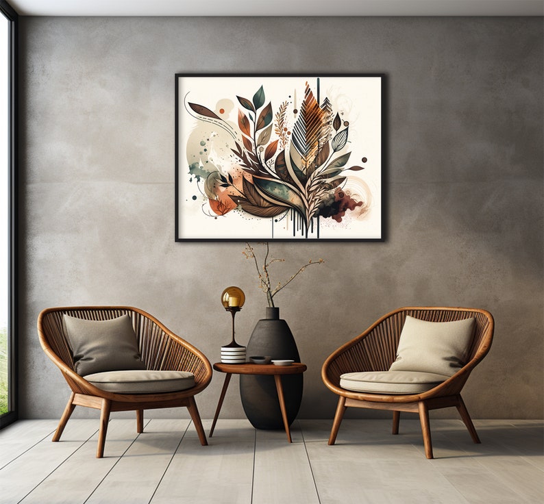 May include: A framed abstract art print featuring brown, green and orange watercolour-like designs. The print is hanging on a grey wall above a wooden coffee table with two chairs.